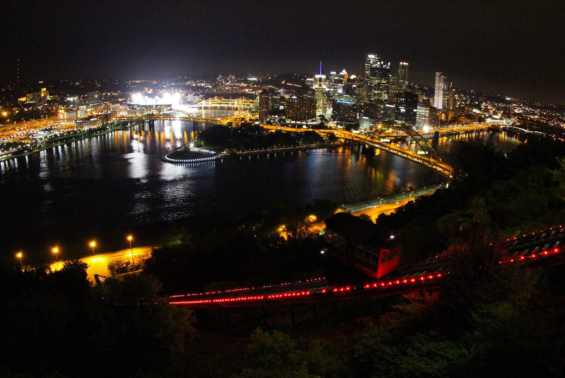 The Duquesne Incline overlooking Pittsburgh and its city lights at night